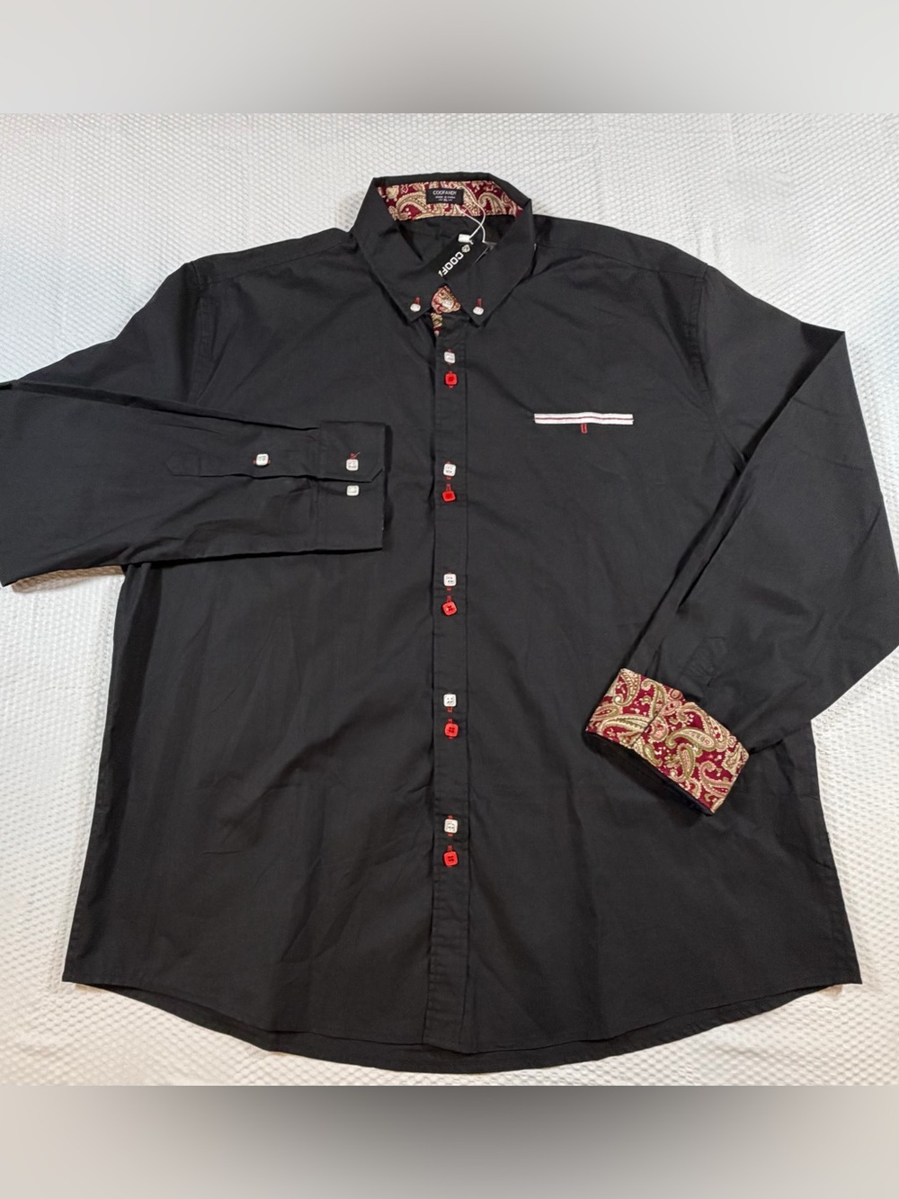 Coofandy Men’s XL Black Button Down Shirt Red Paisley Trim Contrast NWT